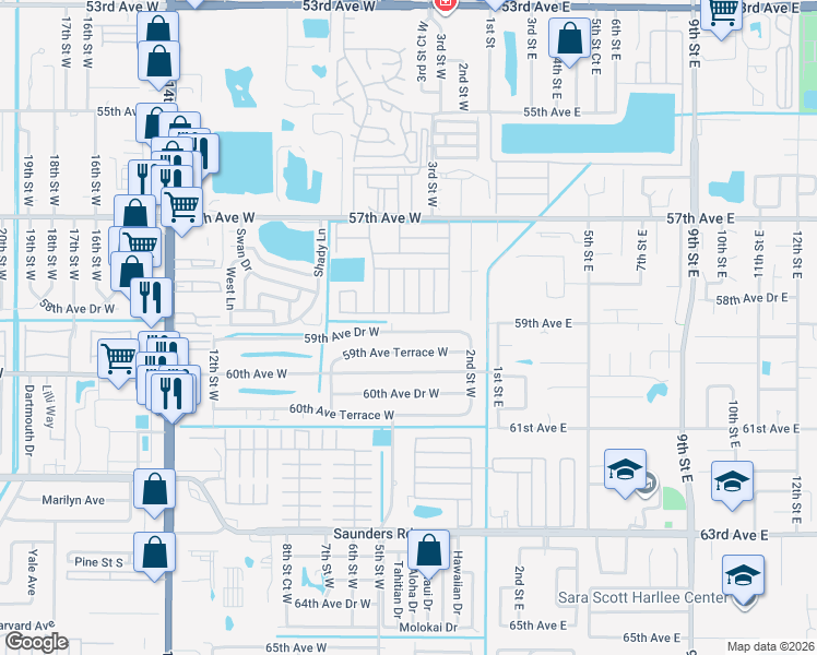 map of restaurants, bars, coffee shops, grocery stores, and more near 407 59th Avenue Drive West in Bradenton