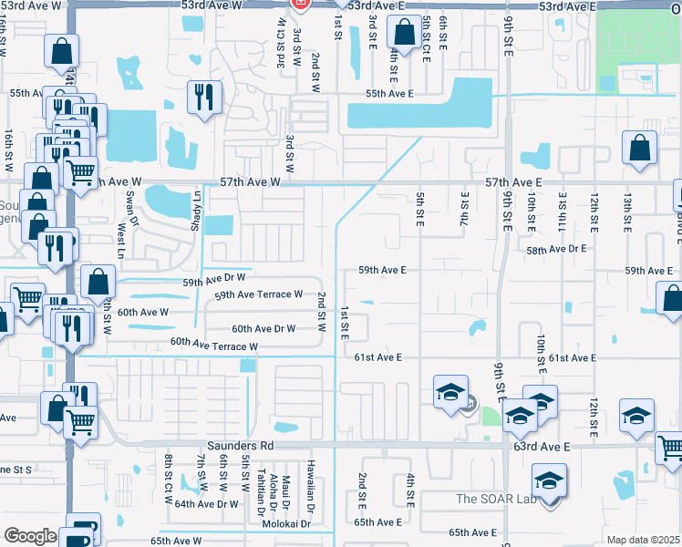map of restaurants, bars, coffee shops, grocery stores, and more near 102A 59th Avenue East in Bradenton