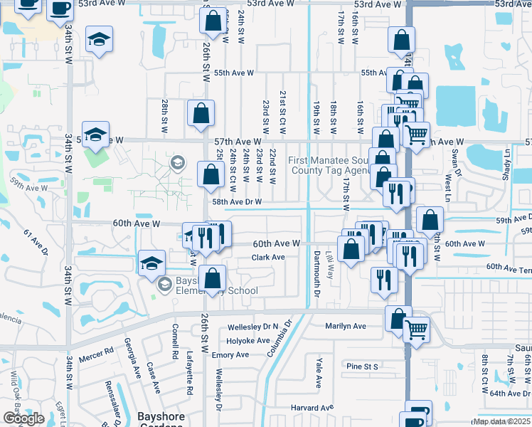 map of restaurants, bars, coffee shops, grocery stores, and more near 2135 Canal Drive in Bradenton