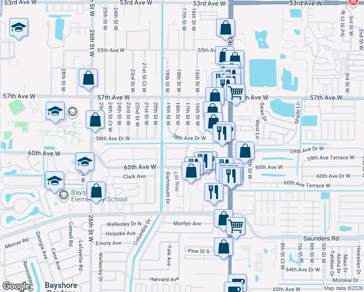 map of restaurants, bars, coffee shops, grocery stores, and more near 1817 Restful Drive in Bradenton