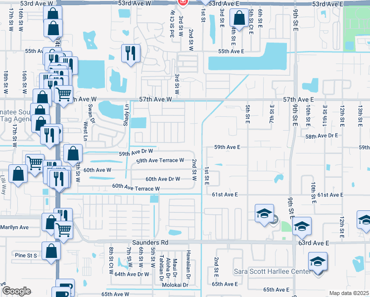 map of restaurants, bars, coffee shops, grocery stores, and more near 215 59th Avenue Drive West in Bradenton