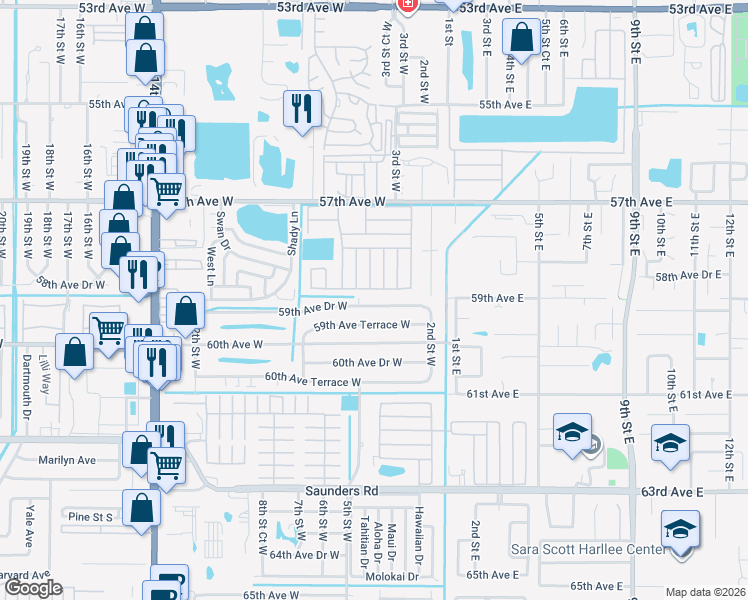 map of restaurants, bars, coffee shops, grocery stores, and more near 407 59th Avenue Drive West in Bradenton