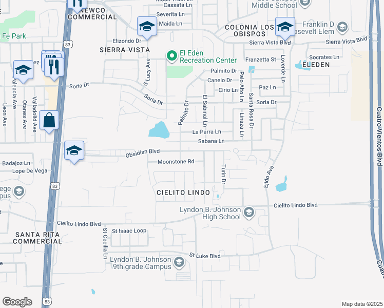 map of restaurants, bars, coffee shops, grocery stores, and more near 411 Obsidian Boulevard in Laredo