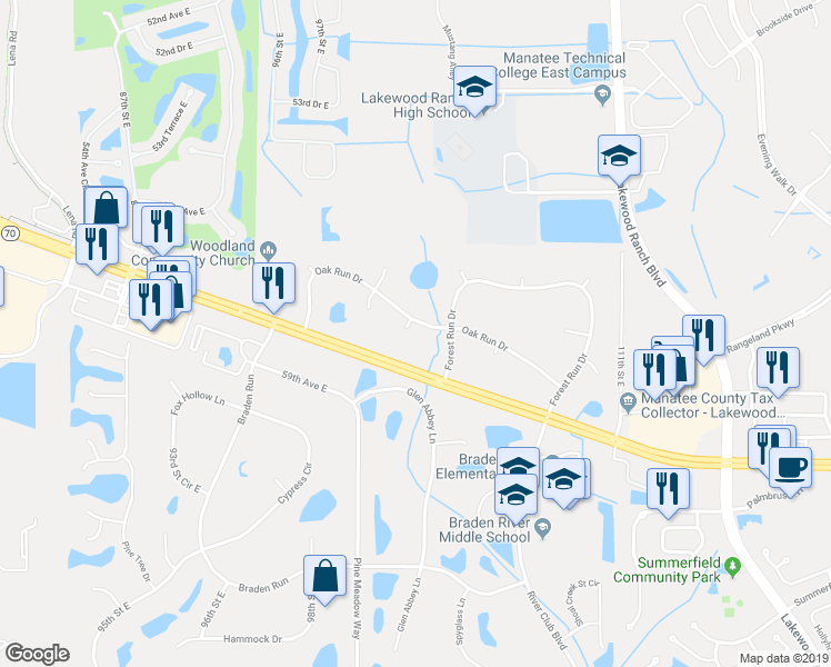 map of restaurants, bars, coffee shops, grocery stores, and more near 10125 Oak Run Drive in Bradenton