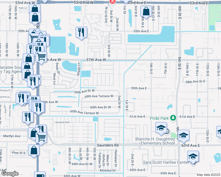 map of restaurants, bars, coffee shops, grocery stores, and more near 215 59th Avenue Drive West in Bradenton