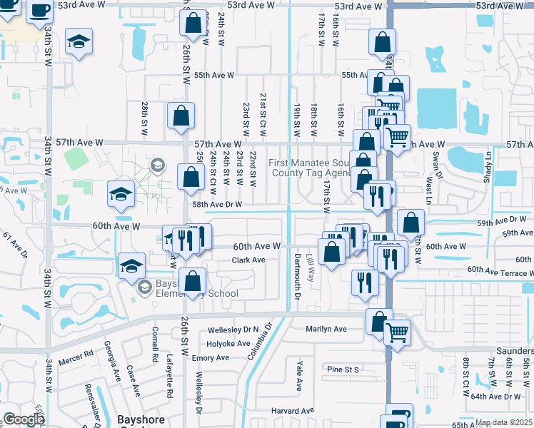 map of restaurants, bars, coffee shops, grocery stores, and more near 2041 Canal Drive in Bradenton