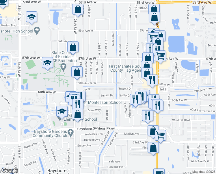 map of restaurants, bars, coffee shops, grocery stores, and more near 2041 Canal Drive in Bradenton