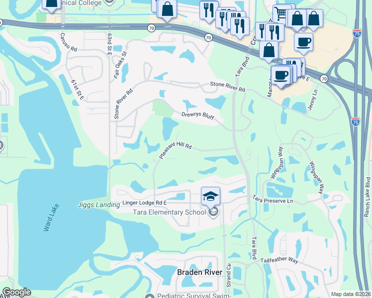 map of restaurants, bars, coffee shops, grocery stores, and more near 6742 Pleasant Hill Road in Bradenton