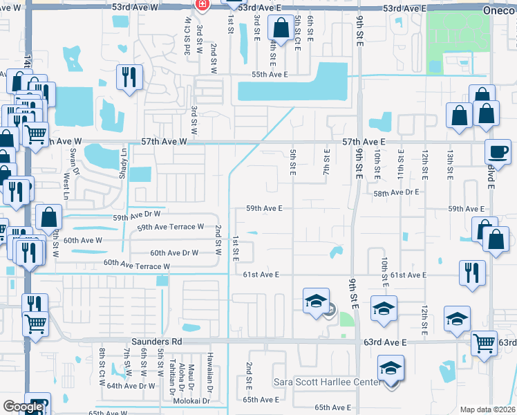 map of restaurants, bars, coffee shops, grocery stores, and more near 215 59th Avenue East in Bradenton