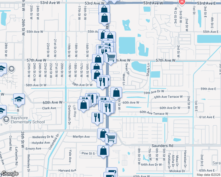 map of restaurants, bars, coffee shops, grocery stores, and more near 403 4th Street in Bradenton