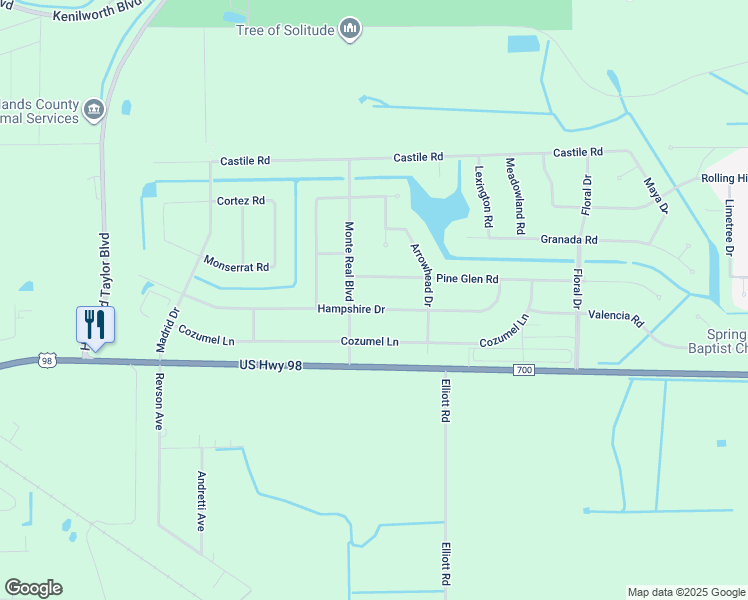 map of restaurants, bars, coffee shops, grocery stores, and more near 8425 Hampshire Drive in Sebring