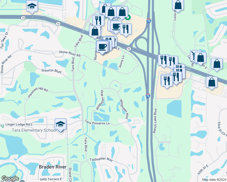 map of restaurants, bars, coffee shops, grocery stores, and more near 7345 Fountain Palm Circle in Bradenton