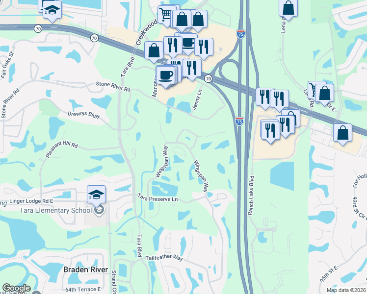 map of restaurants, bars, coffee shops, grocery stores, and more near 7345 Fountain Palm Circle in Bradenton