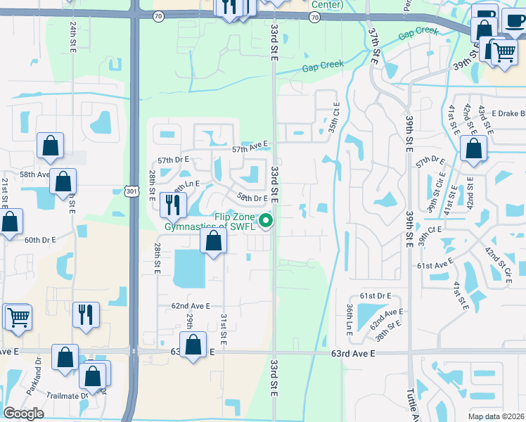 map of restaurants, bars, coffee shops, grocery stores, and more near 3222 58th Terrace East in Bradenton