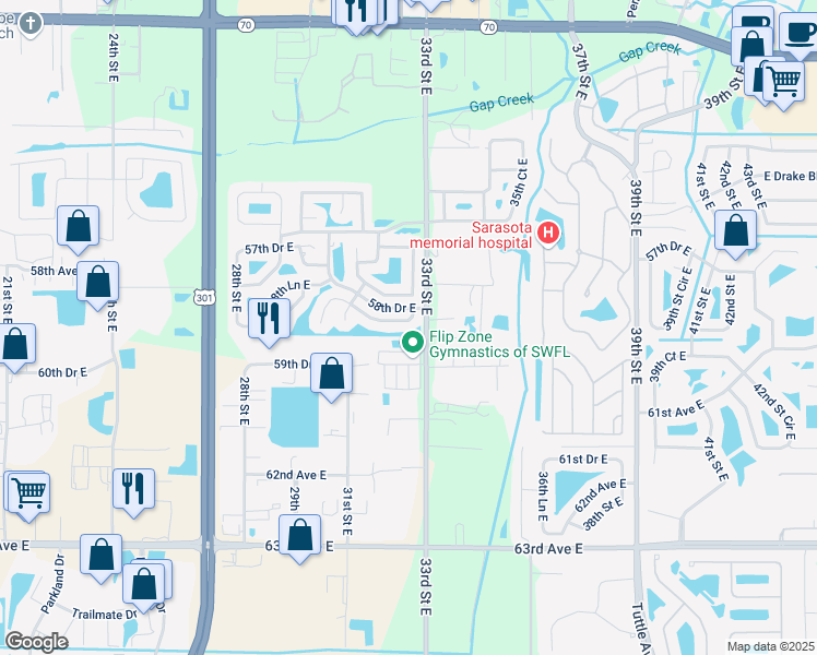 map of restaurants, bars, coffee shops, grocery stores, and more near 3222 58th Terrace East in Bradenton