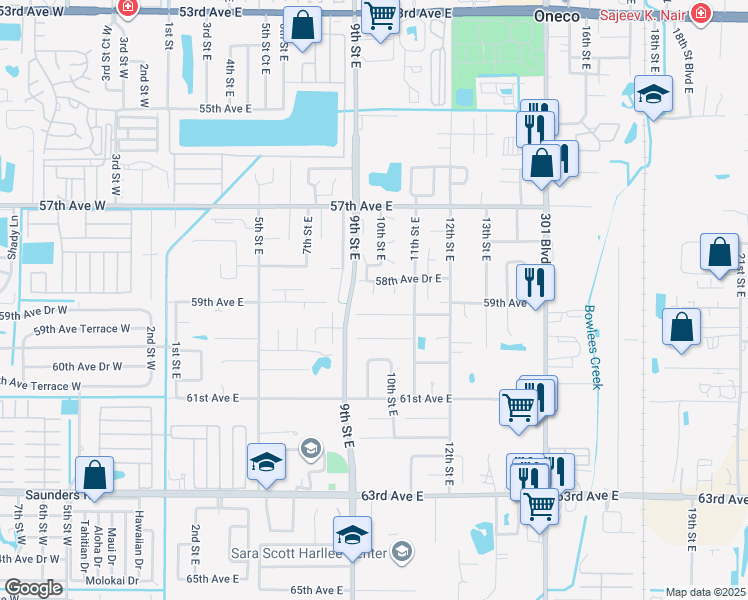 map of restaurants, bars, coffee shops, grocery stores, and more near 915 59th Avenue Drive East in Bradenton