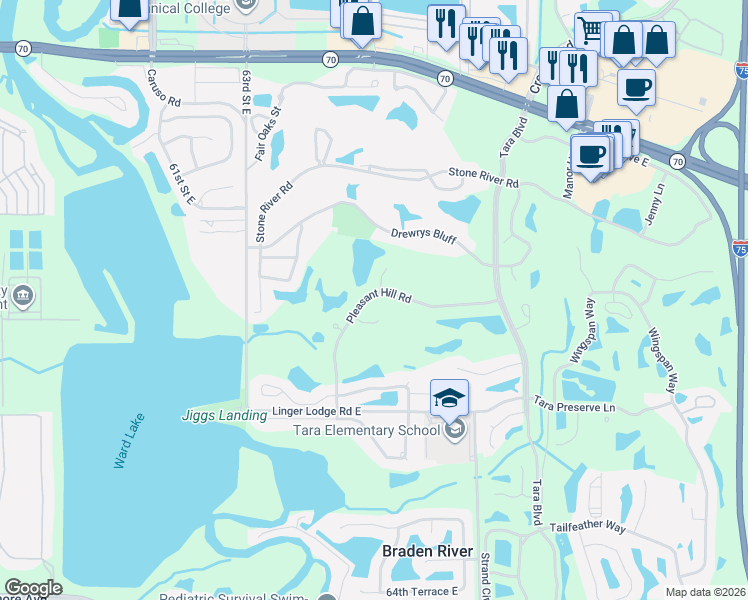 map of restaurants, bars, coffee shops, grocery stores, and more near 6722 Pleasant Hill Road in Bradenton