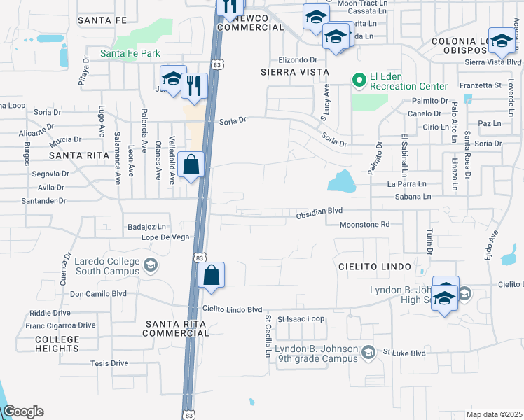 map of restaurants, bars, coffee shops, grocery stores, and more near 118 Obsidian Boulevard in Laredo