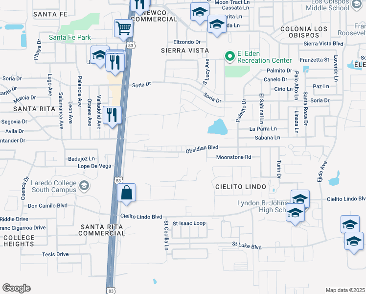 map of restaurants, bars, coffee shops, grocery stores, and more near 118 Obsidian Boulevard in Laredo