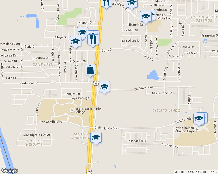 map of restaurants, bars, coffee shops, grocery stores, and more near in Laredo