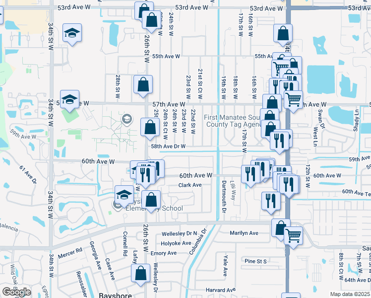 map of restaurants, bars, coffee shops, grocery stores, and more near 2135 Canal Drive in Bradenton