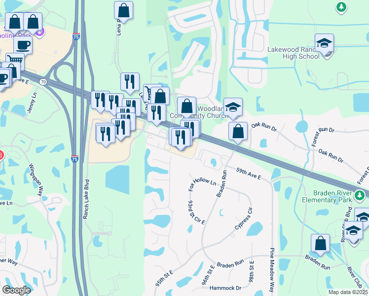 map of restaurants, bars, coffee shops, grocery stores, and more near 8750 Florida 70 in Lake Placid