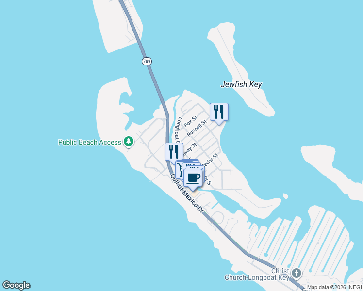map of restaurants, bars, coffee shops, grocery stores, and more near 7000 Longboat Drive North in Longboat Key