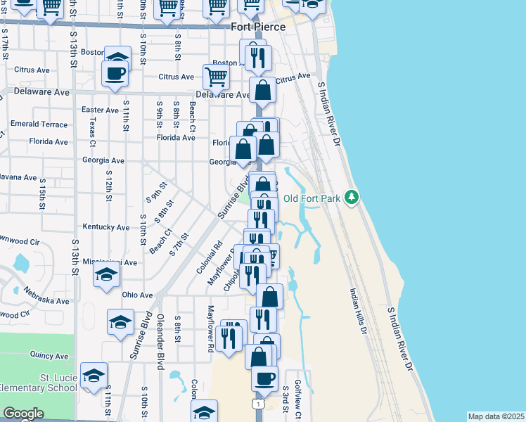 map of restaurants, bars, coffee shops, grocery stores, and more near 960 South US Highway 1 in Fort Pierce