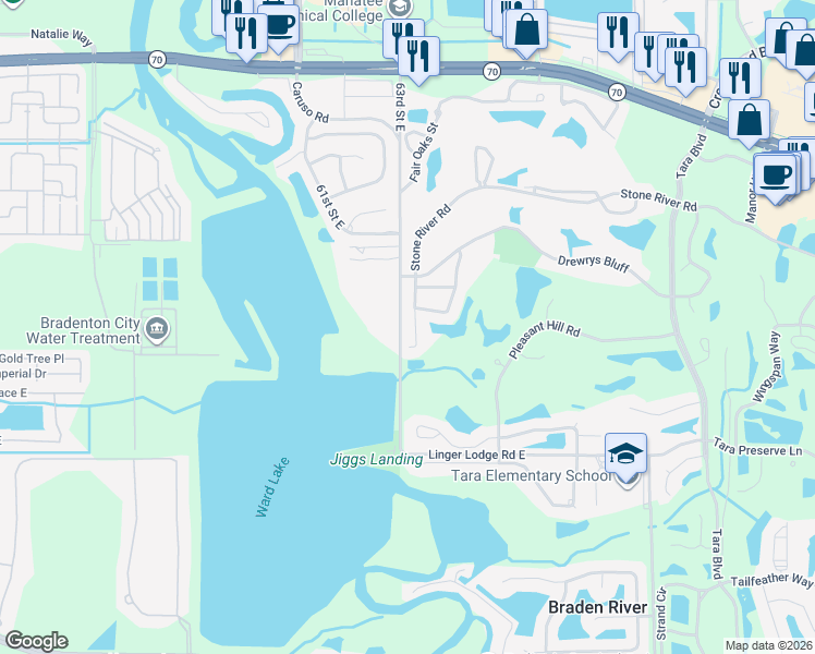 map of restaurants, bars, coffee shops, grocery stores, and more near 6315 Stone River Road in Bradenton