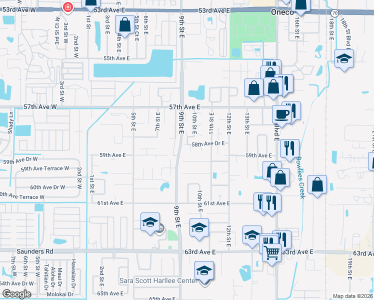 map of restaurants, bars, coffee shops, grocery stores, and more near 915 59th Avenue Drive East in Bradenton