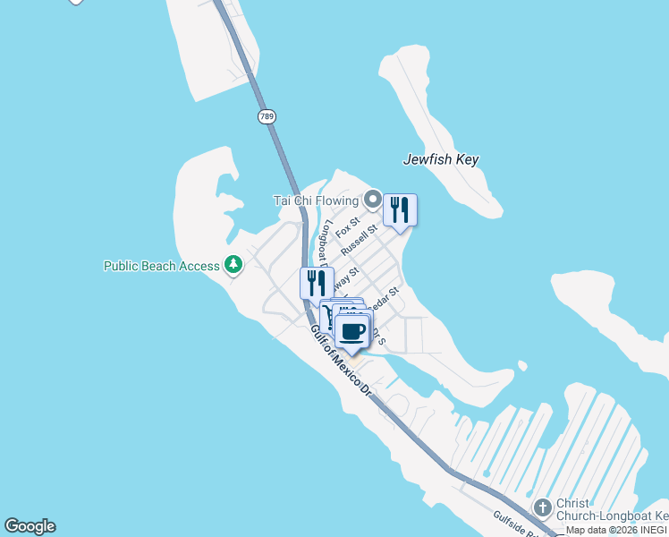 map of restaurants, bars, coffee shops, grocery stores, and more near 7000 Longboat Drive North in Longboat Key