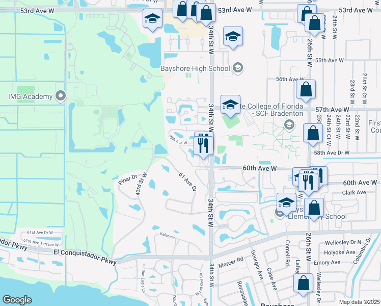 map of restaurants, bars, coffee shops, grocery stores, and more near 5965G 36th Street West in Bradenton
