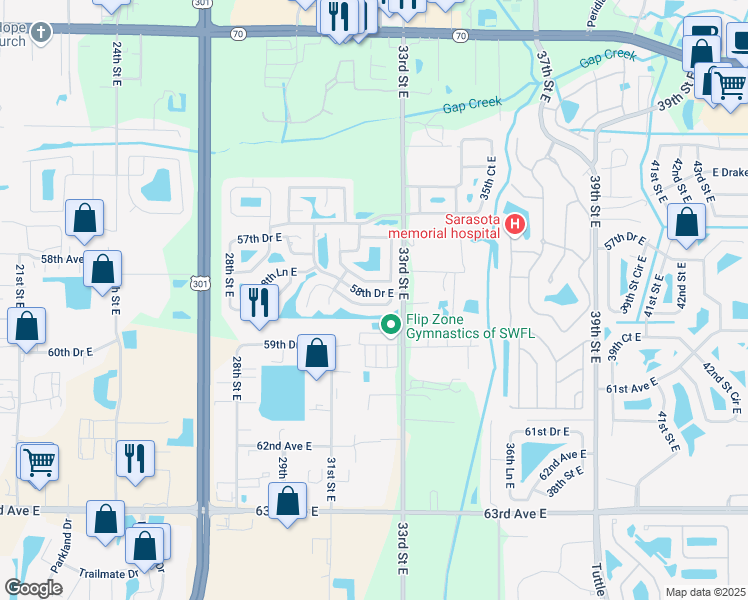 map of restaurants, bars, coffee shops, grocery stores, and more near 3222 58th Terrace East in Bradenton