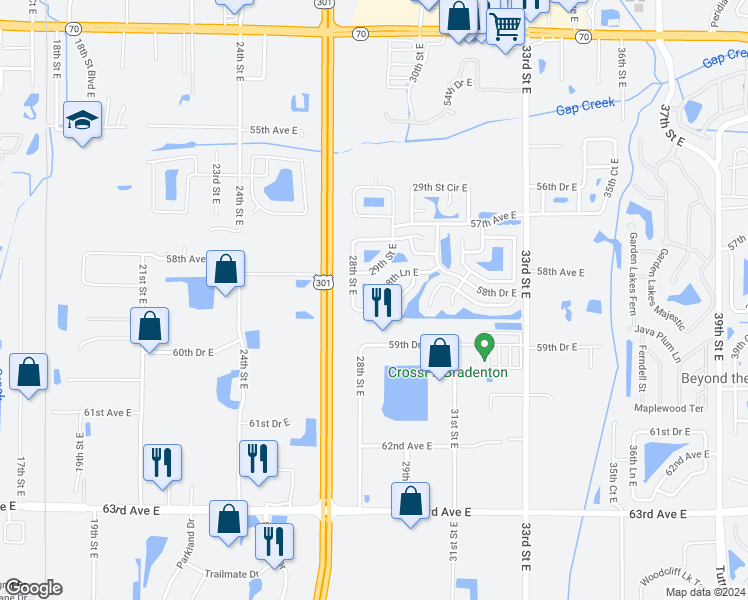 map of restaurants, bars, coffee shops, grocery stores, and more near 5863 28th Lane East in Bradenton