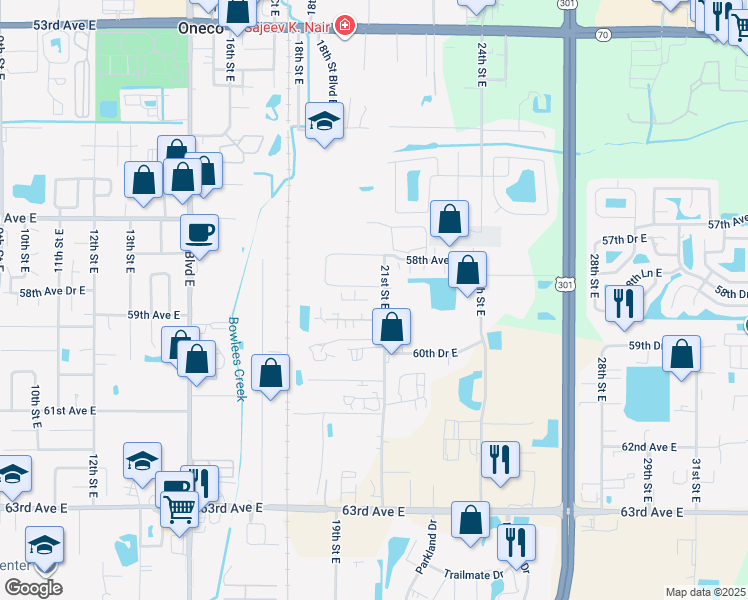 map of restaurants, bars, coffee shops, grocery stores, and more near 2023 59th Terrace East in Bradenton