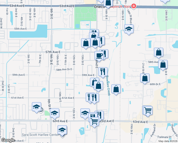 map of restaurants, bars, coffee shops, grocery stores, and more near 1320 59th Avenue East in Bradenton
