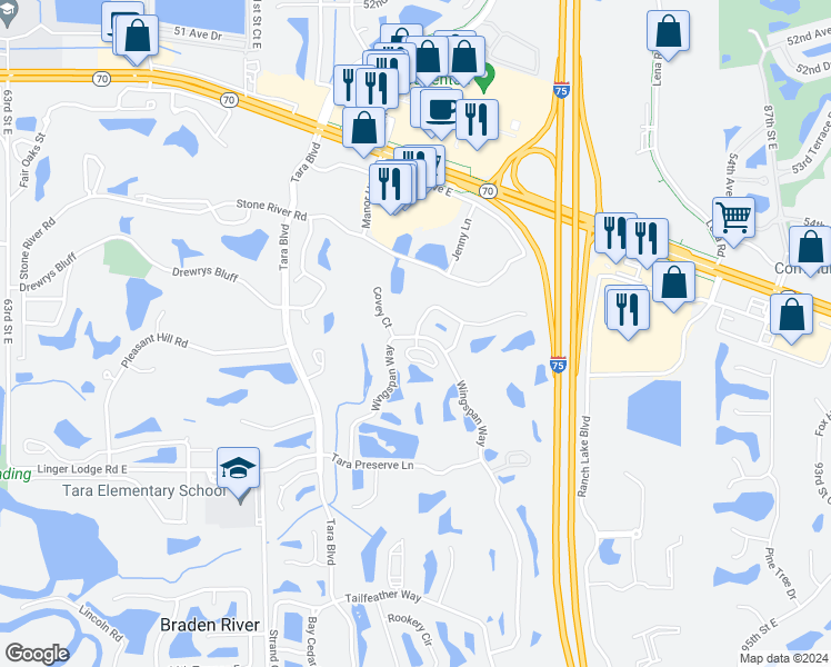 map of restaurants, bars, coffee shops, grocery stores, and more near 6022 Birds Eye Terrace in Bradenton