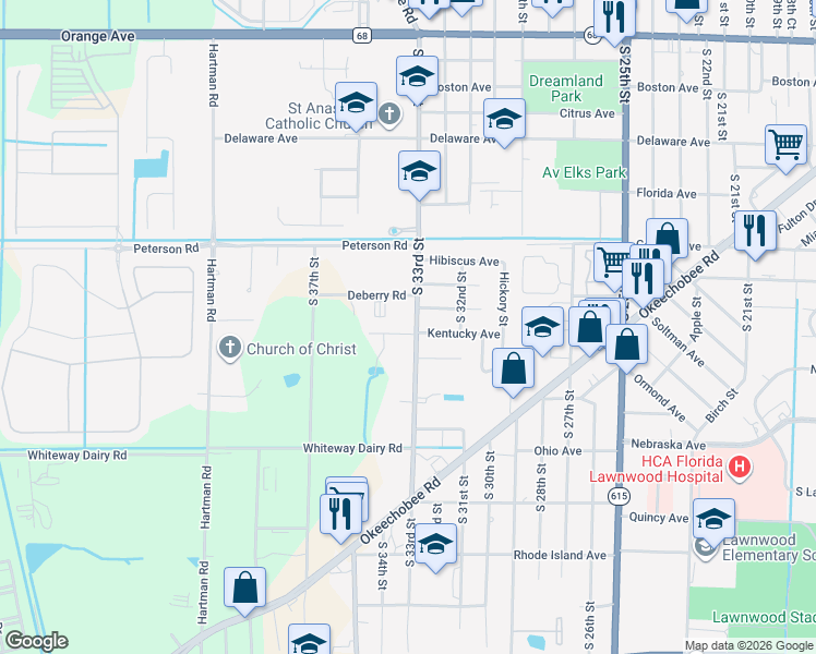 map of restaurants, bars, coffee shops, grocery stores, and more near 3302 Meadow Lane in Fort Pierce