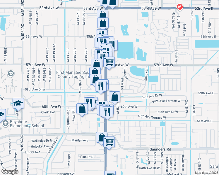 map of restaurants, bars, coffee shops, grocery stores, and more near 32 58th Avenue West in Bradenton