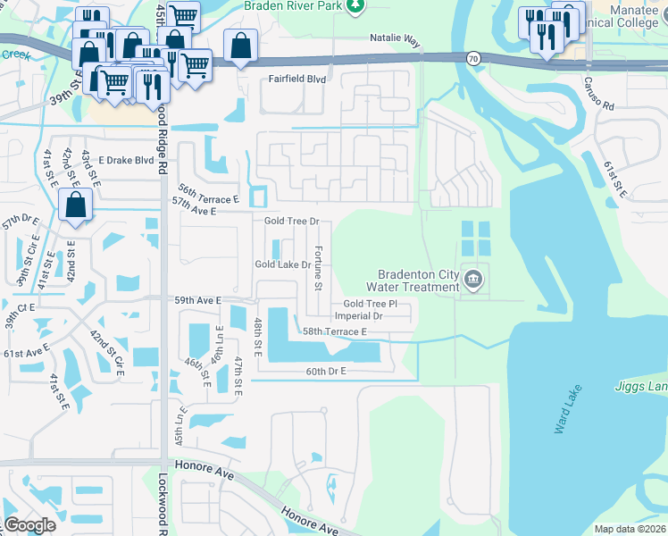 map of restaurants, bars, coffee shops, grocery stores, and more near Gold Tree Court in Bradenton