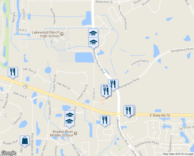 map of restaurants, bars, coffee shops, grocery stores, and more near 11205 Highway 70 in Bradenton