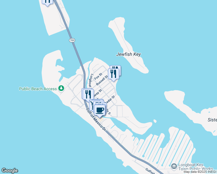 map of restaurants, bars, coffee shops, grocery stores, and more near 690 Broadway Street in Longboat Key