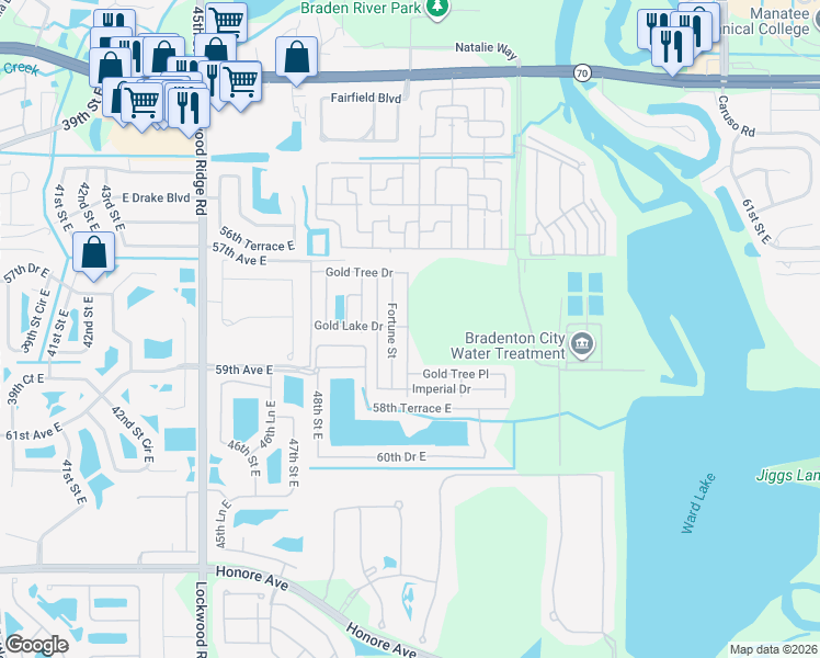 map of restaurants, bars, coffee shops, grocery stores, and more near Gold Tree Court in Bradenton