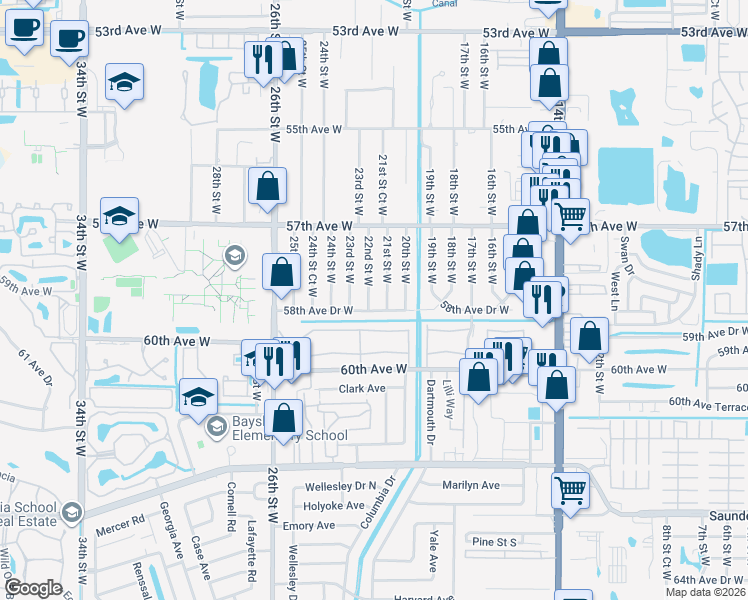 map of restaurants, bars, coffee shops, grocery stores, and more near 5812 22nd Street West in Bradenton
