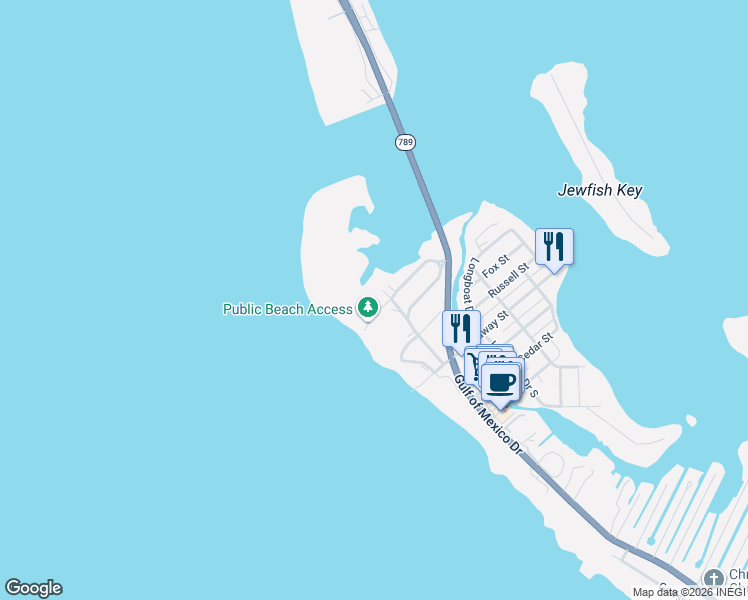 map of restaurants, bars, coffee shops, grocery stores, and more near 260 North Shore Road in Longboat Key