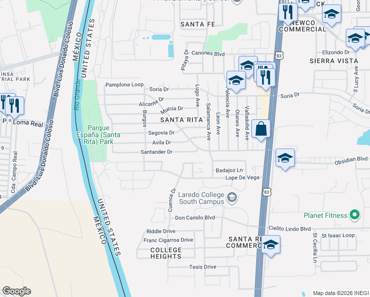 map of restaurants, bars, coffee shops, grocery stores, and more near 253 Avila Drive in Laredo
