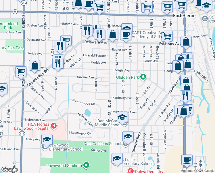 map of restaurants, bars, coffee shops, grocery stores, and more near 910 South 13th Street in Fort Pierce