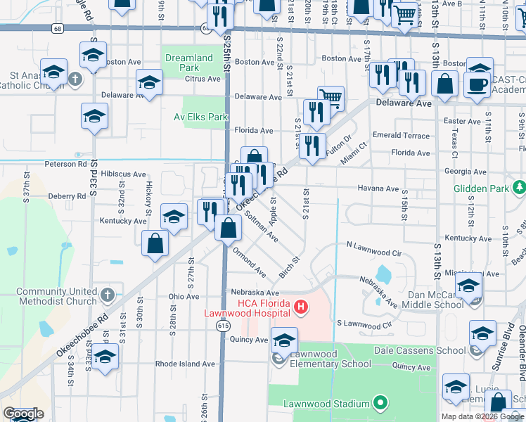 map of restaurants, bars, coffee shops, grocery stores, and more near 2301 Delaware Avenue in Fort Pierce