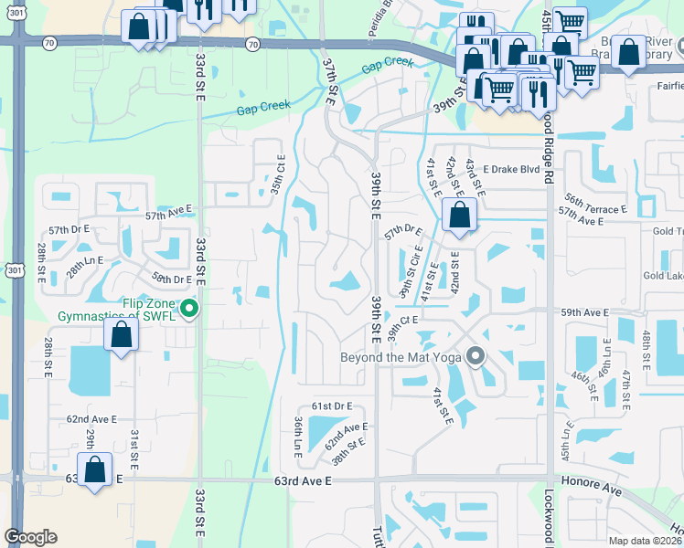 map of restaurants, bars, coffee shops, grocery stores, and more near 5803 Garden Lakes Palm in Bradenton