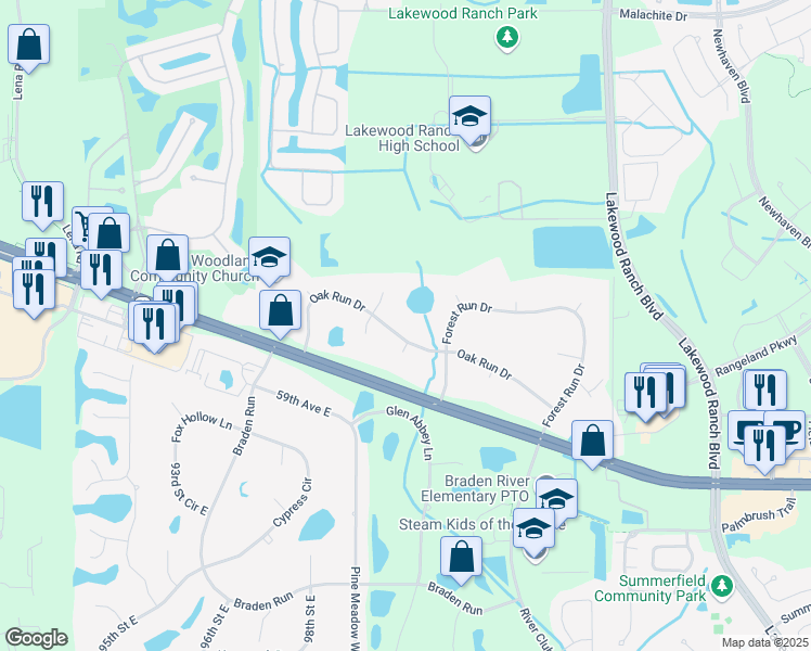 map of restaurants, bars, coffee shops, grocery stores, and more near 10008 Oak Run Drive in Bradenton